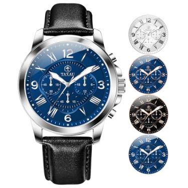 Imagem de Taxau Relógios masculinos casuais, de couro, à prova d'água, modernos, analógicos, quartzo, mostrador grande, com cronógrafo, data luminosa, Azul NKLH-T-G8407, round, Minimalista
