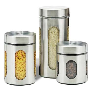Imagem de Jogo 3 Potes Mantimentos Vidro Aço Inox Visor Tampa Rosca Hermética - 