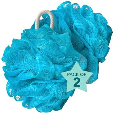 Imagem de Esponja de bucha azul para homens e mulheres - Conjunto de 2 pufes de esponja de malha azul GG de 90 g, bucha de banho, esponjas de banho para chuveiro, lufa de bucha corporal, buchas esfoliantes