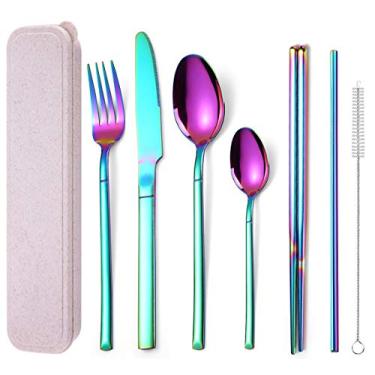 Imagem de AARAINBOW Conjunto de talheres de aço inoxidável com 7 peças, portátil, reutilizável, conjunto de utensílios de viagem, incluindo pauzinhos, faca, garfo, colher, escova de limpeza segura para lava-louças (multicoloridos)