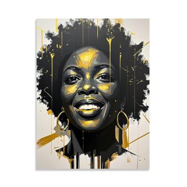 Imagem de Arte de parede de mulher negra arte de parede afro-americana preta e dourada emoldurada em tela de retrato de mulheres arte preta decoração de parede 40 x 30 cm (16 x 12 pol) sem moldura