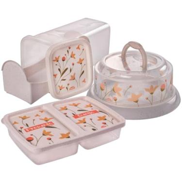 Imagem de Kit 3 PEÇAS - Porta Torradas c/Gaveta Deslizante + Queijeira c/base de Rosca + Porta Frios c/ 2 Divisórias Independentes - Marmorizado Decorado estilo Floral Plasútil