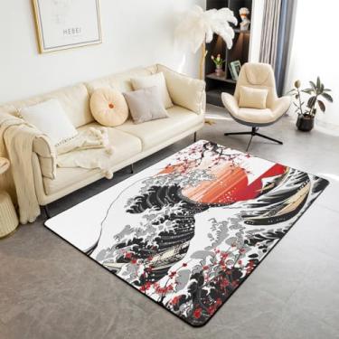 Imagem de Feelyou Tapete de área ondulado japonês, 12 x 18 cm, tapete decorativo com flores de cerejeira para meninos, meninas, adolescentes, decoração de casa, sala de estar, vermelho, sol, estilo japonês,