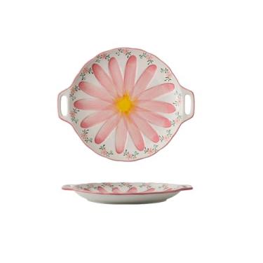 Imagem de Prato raso de orelha dupla de flor pintada à mão Prato de cerâmica para café da manhã doméstico - rosa