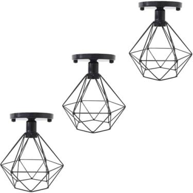 Imagem de Kit 03 Lustre De Teto Industrial Luminária Plafon Retrô Aramado Diamante Sobrepor (Preto)
