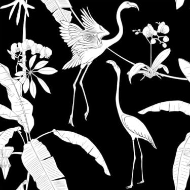 Imagem de FANCYEASY Papel de parede preto e branco Flamingo Orquídea Floral Peel and Stick Papel de parede para quarto 30.5 cm x 254.0 cm impermeável autoadesivo flamingo mural de parede papel de contato preto