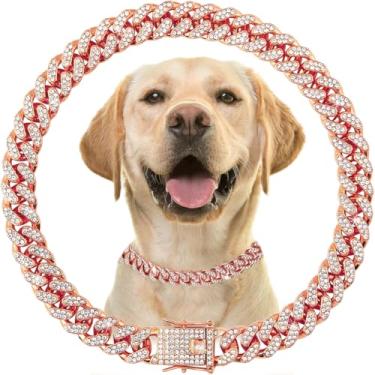 Imagem de Coleira de corrente de ouro rosa para cães com coleira de elos cubanos de diamante brilhante, colar de filhote de cachorro com glitter de strass para cães pequenos, médios e grandes, 45,7 cm