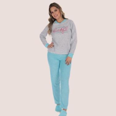 Imagem de Pijama Feminino Adulto Plush Quente Estampado - Victory, Azul, G