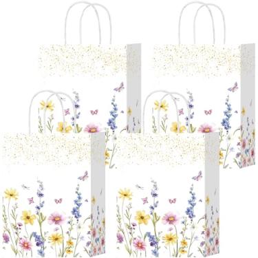 Imagem de W WINTMING 16 peças, sacos de presente de flores silvestres, sacos de boas-vindas de flores da primavera, saco de papel branco com alça floral para lembrancinhas de festa, doces para chá de bebê