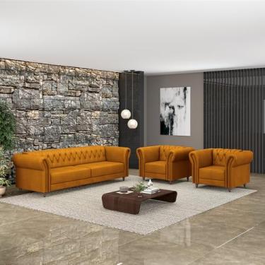 Imagem de Conjunto Sala de Estar 1 Sofá Living 220cm e 2 Poltronas Stanford Chesterfield Pés Madeira Couro Mel G58 - Gran Belo