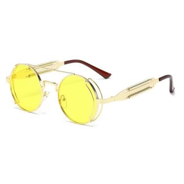 Imagem de VFDHN Óculos de sol steampunk masculino, redondo, lente vermelha, punk, preto, metal, estilo gótico, feminino, UV400 (4 dourado, amarelo)