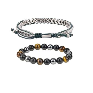 Imagem de DATOA Pulseira masculina de corrente de elos cubanos, corrente de aço inoxidável e corda trançada, pulseira ajustável, olho de tigre, joia moderna, presente, 7, Metal, Sem Pedra Preciosa