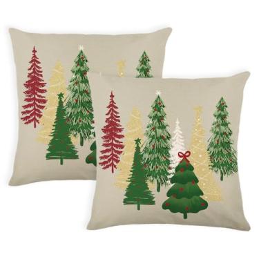 Imagem de Capas de almofada de Natal 50 x 50 cm conjunto de 2 capas de almofada decorativas de Natal verdes douradas coloridas para decoração de sofá e sofá cinza