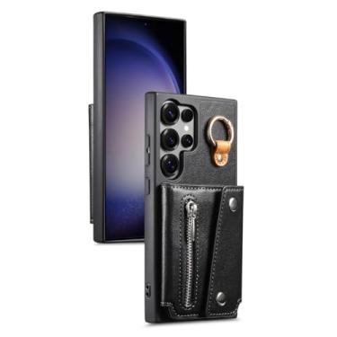 Imagem de HAOMRIYL Capa de couro para Samsung Galaxy S25 Ultra/S25 Plus/S25, capa carteira com compartimento para cartão com zíper, função de suporte, capa protetora de anel de dedo, preta, S25plus