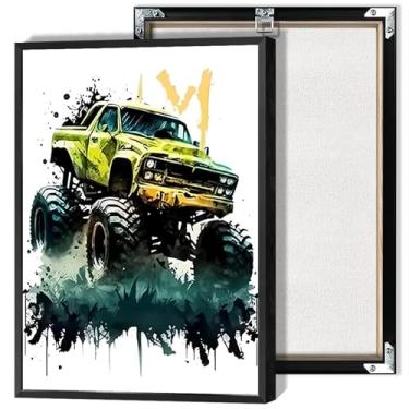 Imagem de Arte de parede em tela vintage aquarela veículo caminhão monstro minimalista amarelo corrida off-road impressão estética pintura para quarto sala de estar garagem sala de jogos decoração de parede