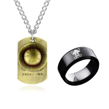 Imagem de UoYu Conjunto de joias Anime OP. Colar com pingente de babados chapéu de pirata de palha, anel de esqueleto com adesivo, total de 12 peças