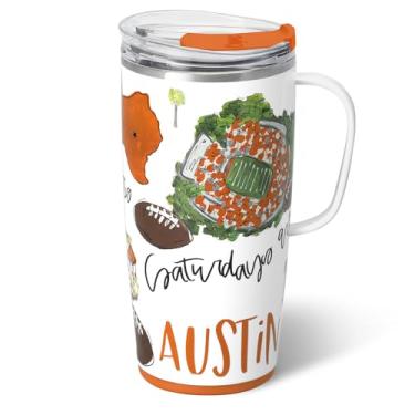 Imagem de Swig Life Caneca de viagem de 623 g, copo isolado com alça e tampa, caneca de café de viagem, compatível com porta-copos, copo de aço inoxidável de 623 g, reutilizável isolado com tampa (sábados em