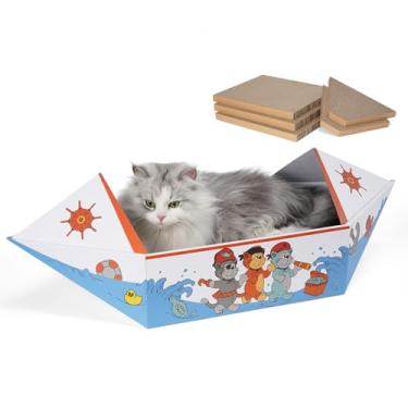 Imagem de DOOKRON Barco arranhador para gatos com pacote com 5 almofadas de papelão, caixa extra longa de 76 cm para gatos internos, tábua de arranhar resistente e dupla face