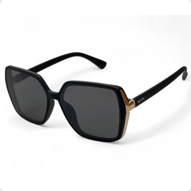 Imagem de ÓCULOS DE SOL SOLON GLASSES PRETO COM DOURADO GRANDE COM PROTEÇÃO UV400 + CASE RIGIDA + FLANELA + LIMPA LENTES