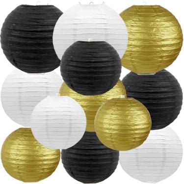Imagem de Lanternas de papel preto e branco, 12 peças, lanternas chinesas penduradas para casamento, aniversário, chá de bebê, Natal, formatura, aniversário, decoração de despedida de solteira, atividades DIY