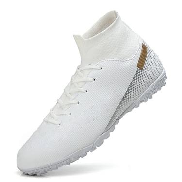 Imagem de changshen Chuteiras de futebol para homens Chuteiras de grama branca/branco/preto/preto cano alto tênis de futebol plano treinamento tênis atlético, Branco/preto, 7