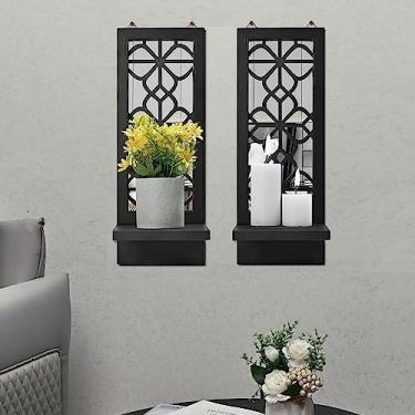 Imagem de Yorkmills Conjunto de 2 castiçais para decoração de parede, castiçais de parede de madeira preta rústica com espelho, arte de fazenda para sala de estar, sala de jantar, quarto, banheiro