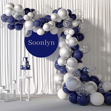 Imagem de Soonlyn Kit de arco de guirlanda de balões azuis, 120 peças, 30 cm, azul marinho e prata, confete prata, balões brancos para festa de aniversário, chá de bebê, formatura