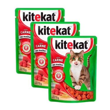 Imagem de Kit 3 Ração Úmida para Gatos KiteKat Adulto Sabor Carne ao Molho em Sa