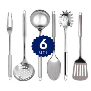 Imagem de Utensílios de Cozinha Inox Kit Completo Colher Concha Escumadeira Espá