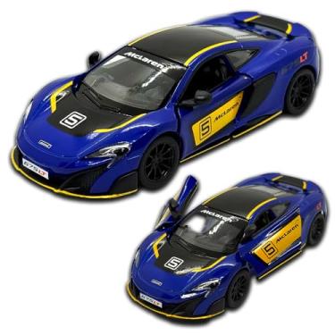 Imagem de Carrinho de ferro miniatura McLaren 675LT, abertura de portas, com fricção, 12,5 CM, Em metal, 1/36, Pneus em borracha, Kinsmart (Azul Numerada)
