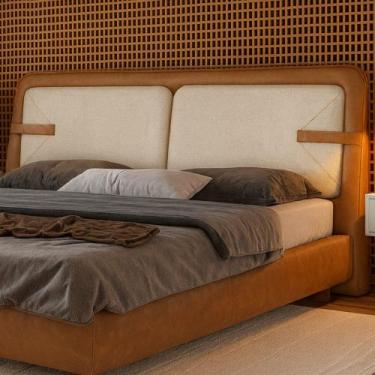 Imagem de Cabeceira Casal Yun material sintético Caramelo / Linho Off White - Sa