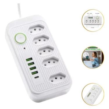 Imagem de Extensão Regua Filtro De Linha Preta 5 Tomadas 4 Usb Tipo Cabo Fio 1,8