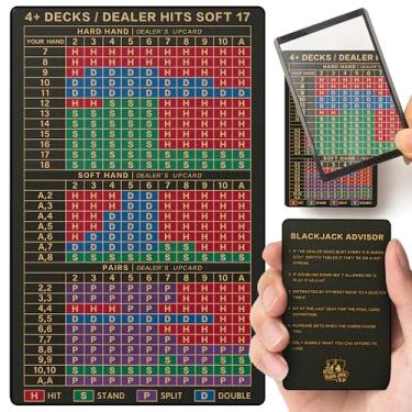 Imagem de EliteSign Cartão de estratégia Blackjack – Cartão de Blackjack de estratégia básica de metal com lente de aumento, pontas de bolso permitidas na mesa Black Jack no cassino 4+ decks Hit Soft 17 com
