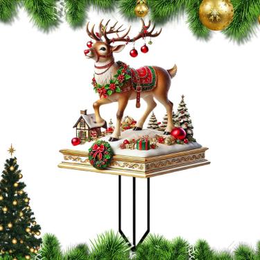 Imagem de Rrlihjgu Estaca de jardim de renas,Estaca de renas - Placa de quintal de Natal com casa de neve e padrão de árvore de Natal - de acrílico 2D à prova d'água para decoração de gramado de quintal
