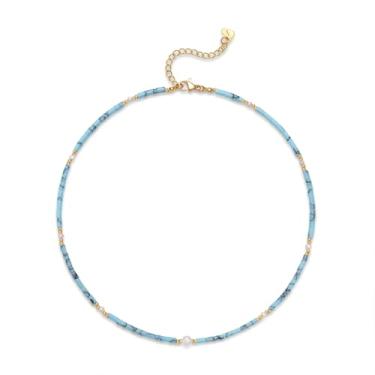 Imagem de Stjarna Gargantilha feminina turquesa com contas de ouro e pérolas de água doce, joia de pedra natural feita à mão para o verão