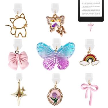 Imagem de 8 peças de berloques Kindle, borboleta/arco-íris/estrelas/flor de nó de borboleta/design de gato, compatível com portas de carregamento Kindle e telefone tipo C