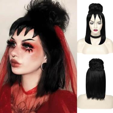 Imagem de QUEENTAS Peruca longa para mulheres, preta, noiva gótica, pãezinhos fofos, cosplay com franja, perucas de cabelo sintético natural