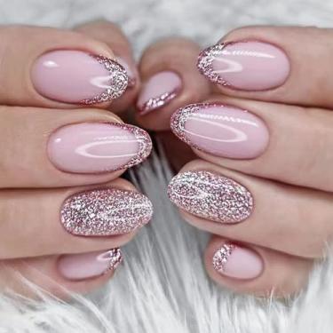 Imagem de Unhas postiças ovais curtas com design de glitter, unhas de ponta francesa, cola brilhante nas unhas, rosa, unhas postiças, uso diário, unhas de acrílico simples, unhas artificiais, 24 peças