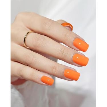 Imagem de 24 peças de unhas curtas quadradas com cola gelatinosa, kit reutilizável de unhas postiças de gel macio para mulheres e meninas com recurso de revestimento protetor UV, faça você mesmo, unhas cítricas