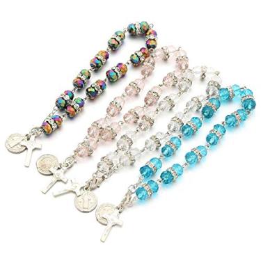 Imagem de Conjunto de 4 peças de pulseiras femininas de rosário elástico com contas de cordão católico simulado de contas elásticas ajustáveis para mulheres e homens