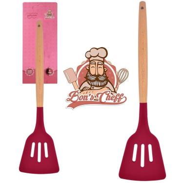 Imagem de Espatula Vazada Silicone Vinho Cabo Madeira Bons Cheff