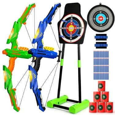 Imagem de TOY Life Pacote com 2 arcos e flechas para crianças de 4, 6, 8, 12 e 14 anos, brinquedos ao ar livre para crianças, conjunto de arco e flecha com luzes LED, conjunto de tiro com arco e alvo móvel e 40