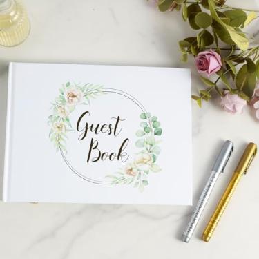 Imagem de KTZCTPCA Livro de convidados de casamento com canetas douradas e prateadas, livro de visitas livro de fotos, livro de visitas floral branco, livro de visitas de lista de presentes de casamento para