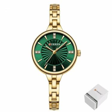 Imagem de Relógio C U R R E N Feminino De Pulso Pulseira Metálica (Verde e dourado com caixa)