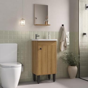 Imagem de Ozini Móveis Armário de Banheiro com Gabinete, Cuba e Espelheira, Lâmina Mel, 2 Portas, Conjunto Marselha