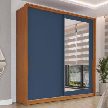Imagem de Guarda-Roupa Casal Porto 2 Portas 2 Gavetas com Espelho Freijó/Azul - Politorno