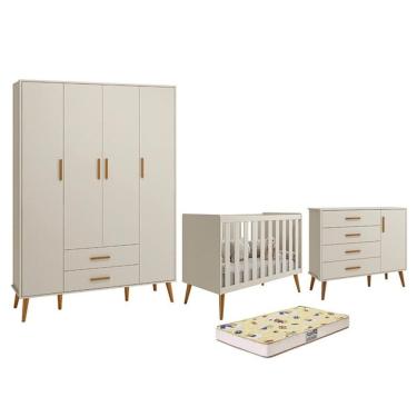 Imagem de Dormitório Infantil Isis Guarda Roupa 4 Portas, Cômoda 1 Porta e Berço Areia com Colchão D18 - Reller Móveis