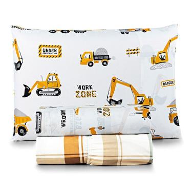 Imagem de Jogo De Cama Casa Scarpa Lençol Lutti Solteiro Infantil 200 Fios Estampado 3 Peças Trator Caminhão Branco