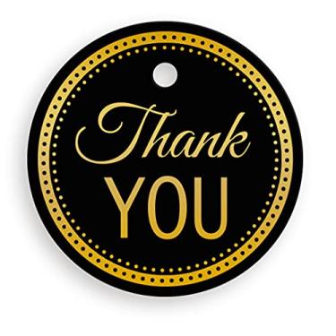 Imagem de Etiquetas pretas de agradecimento para favores, etiquetas circulares pacote com 25 folhas douradas, lembrancinhas de festa de casamento, aniversário, etiquetas de presente pretas para ocasiões
