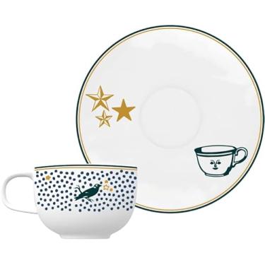 Imagem de Germer, Xícara e pires para café em porcelana, modelo Convexa, Funtasy, 100 ml, Branco com detalhes em azul e dourado